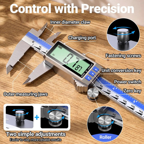 Heavy Duty Digital Caliper Eight Inch Rechargeable Stainless Steel Gauge With Type C Charging Port Auto Power Off Precision Measuring Tool Straight Up Gonna Nail Every Cut For Busy Makers