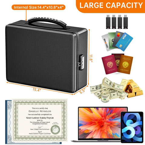 Beefy Fireproof Document Box Hard Case With Fireproof Zipper And Lock, 6400F Heat Insulation, showing size and storage capacity.
