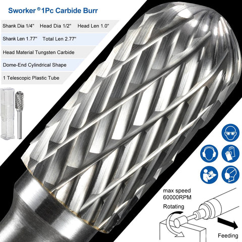 Sworker 1Pc carbide burr with 1/4 in shank and 1/2 in dome-end cylindrical head for grinding and deburring