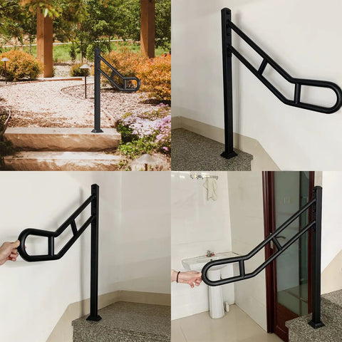 Outdoor Single Post Hand Rail For 1 To 3 Steps, Heavy Duty Wrought Iron Stair Railing With U Shaped Post, Floor Mounted Grab Rail, Anti Skid Crossbars For Garage, 32 Inch Long, 35.8 Inch High