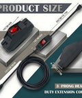 10 Foot Heavy Duty 3 Prong Extension Cord With Built In Toggle Switch And 14 Awg Copper Wire Rated 15 Amps, showcasing dimensions and design.