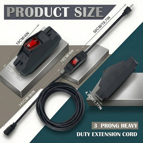 10 Foot Heavy Duty 3 Prong Extension Cord With Built In Toggle Switch And 14 Awg Copper Wire Rated 15 Amps, showcasing dimensions and design.
