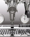 Close-up of Giotto Fast R Espresso Machine With Rotary Pump And Heat Exchanger And PID Temperature Control In Chrome Finish.