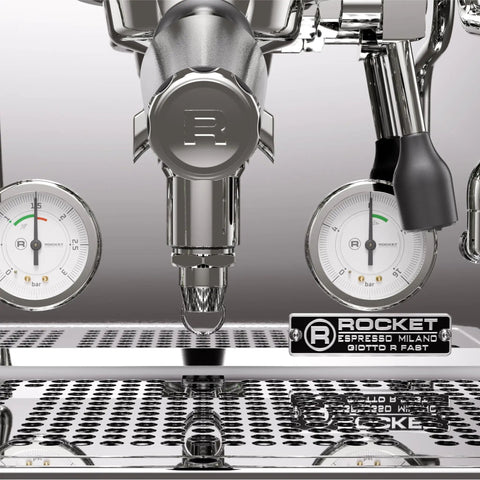 Close-up of Giotto Fast R Espresso Machine With Rotary Pump And Heat Exchanger And PID Temperature Control In Chrome Finish.