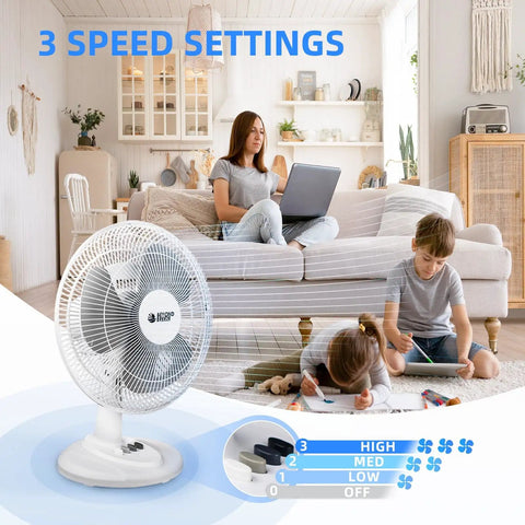 Oscillating Table Fan With Quiet Operation, 12 Inch Size, Three Speed Settings, Adjustable Tilt Head, Safety Grill in living room