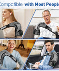 Men and women wearing cordless shoulder heating pad with heat and vibration, portable massager for pain relief, showing adjustable fit