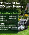 Man using EGO electric lawn mower with text about 21 Inch AB2100 Replacement Mulching Blade for LM2102SP, LM2100SP, LM2142SP, LM2101, LM2100