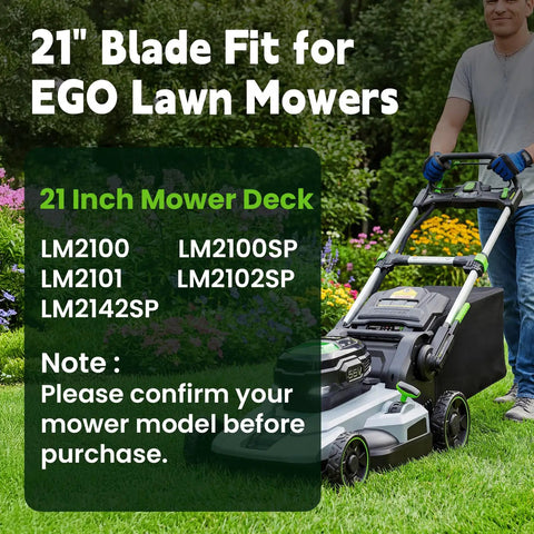 Man using EGO electric lawn mower with text about 21 Inch AB2100 Replacement Mulching Blade for LM2102SP, LM2100SP, LM2142SP, LM2101, LM2100