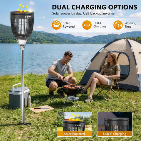 Outdoor Solar Bug Zapper 4200V Mosquito Killer with RGB Projector shown by a tent and grill in a campsite.