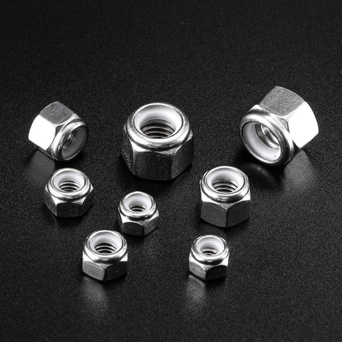 Beefy Nylon Insert Hex Lock Nuts Set 3/8-16, 100 Pcs, 304 Stainless Steel With Bright Finish, Hex Drive 9/16 on black background