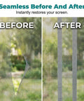 Before and after using Heavy Duty Window and Door Screen Repair Patch Kit with Self Adhesive Fiberglass Mesh, showing seamless fix