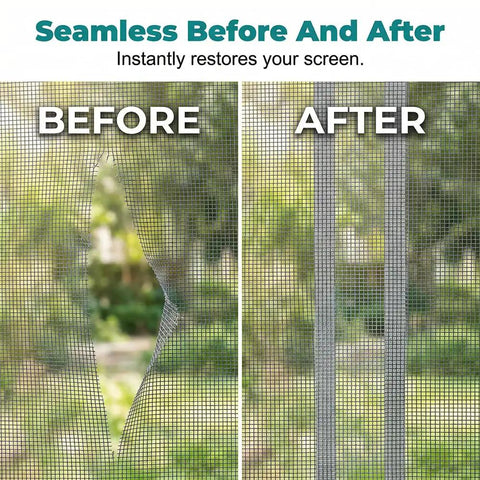 Before and after using Heavy Duty Window and Door Screen Repair Patch Kit with Self Adhesive Fiberglass Mesh, showing seamless fix