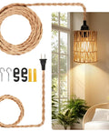 Boho Cylinder Pendant Light Featuring Plug In Flex And Sturdy 15Ft Hemp Rope Plus Handwoven Rattan Shade With Easy Flip Switch For Your Dope Bedroom Lighting Setup, showcasing hemp cord and rattan shade.