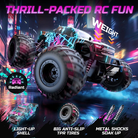 One Sixteenth Scale Glowing Spider Remote Control Car With LED Lights All Terrain Off Road Monster Truck For Boys in action