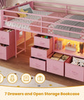 Twin Size Low Loft Bed With 7 Storage Drawers, Bookcase, And LED Lights, Metal Kids Loft Bed With 14 Inch Guardrail, Pink