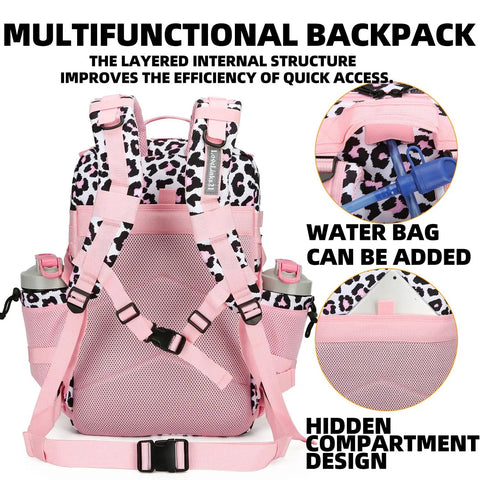 Rear view of Beast Of A 25L Tactical Backpack For Men And Women With MOLLE System in pink leopard print, showing straps and compartments.