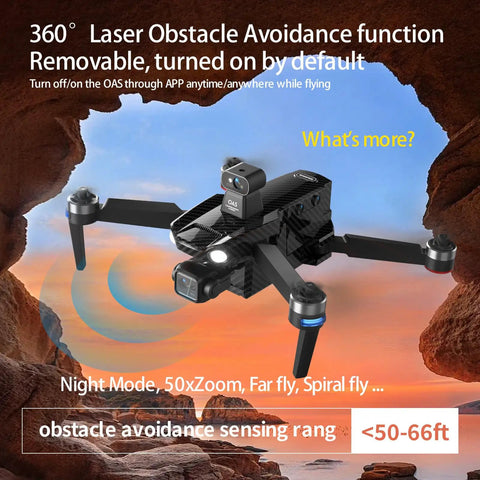 Next Gen Pro Drone With 4K Camera 360 Obstacle Avoidance flying in canyon with laser sensing range details.