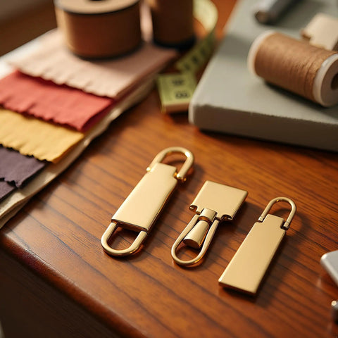 Gold Zipper Pull Replacement Set Pro Grade Four Metal Zipper Handles For Luggage Bags Backpacks Jackets Boots And Coats Quick Easy Fix For Broken Zippers Durable Metal Construction Sewing Notions And Supplies on wooden table
