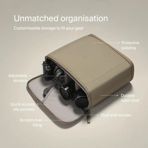 Open Norite 24L Modular Camera Backpack showing DSLR lenses, quick-access slip pockets, adjustable dividers, and protective padding.