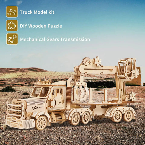 3D Wooden Puzzle for Adults and Teens, Mechanical Truck Crane Model Kit, DIY Wood Craft Hobby Toy, Family Project for Hobbyists, Women and Men, 428 Pieces, Challenging Hands On Build, Educational Fun, wooden truck crane model