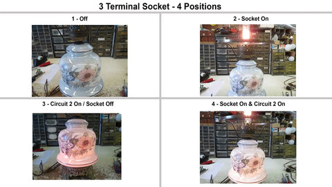 Four positions of a lamp using Three Terminal Medium Base Turn Knob Socket Interior with E26 base and 13/16 inch mandrel, UL recognized.