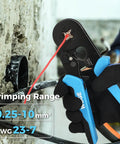 Self-Adjusting Ratchet Ferrule Crimping Tool Kit For AWG 23 To 7 Wires with Ergonomic Handles in use crimping wire