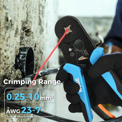 Self-Adjusting Ratchet Ferrule Crimping Tool Kit For AWG 23 To 7 Wires with Ergonomic Handles in use crimping wire
