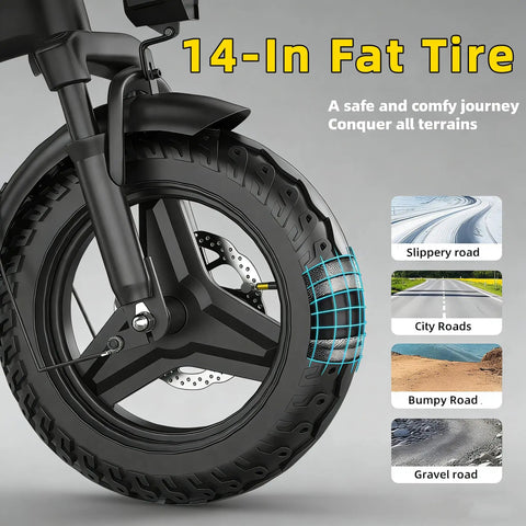 Close-up of a 14-inch fat tire on Beast 550W Ebike With 25 MPH Top Speed, 35 Mile Range, suitable for various terrains.