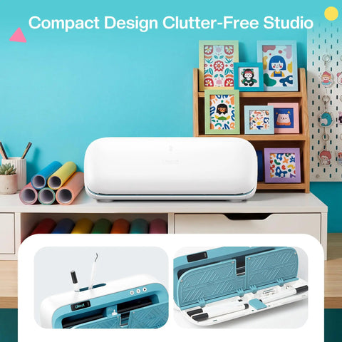 Vinyl Cutter Machine With Print Then Cut, Essential Starter Bundle For DIY Crafts on desk with organizer in studio