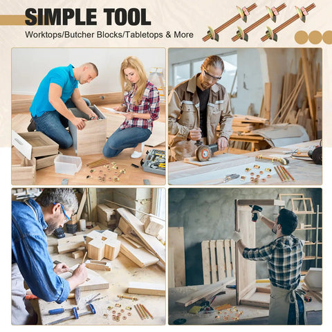 People assembling furniture using Bed Frame Hardware Connector Kit 24 Sets M8x100mm Four In One Connectors in a workshop.