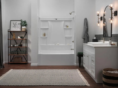 Modern bathroom with white fixtures and a Modern Brushed Nickel Single Hole Bathroom Faucet With Single Handle And Drain Assembly