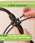 Hands connecting Drip Irrigation Fittings Pack With 3x 4 Way Barbed Tees 1/2 To 1/4 Inch and 3 Way Tee Splitters via end plugs