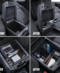 Center Console Organizer For Tacoma Gen 3 2016 2023 3 Piece Tray Set With Custom Fit Design in use, before and after installation view.