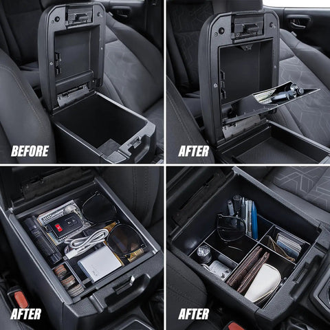 Center Console Organizer For Tacoma Gen 3 2016 2023 3 Piece Tray Set With Custom Fit Design in use, before and after installation view.