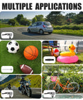 Multiple applications of 12V Tire Inflator Portable Air Compressor With Display Gauge And LED Light for cars, bikes, and inflatables.