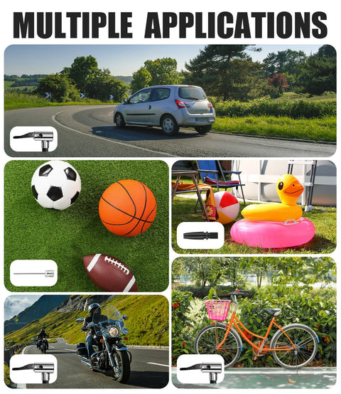 Multiple applications of 12V Tire Inflator Portable Air Compressor With Display Gauge And LED Light for cars, bikes, and inflatables.