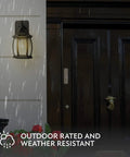 Traditional Outdoor Wall Sconce With Seeded Glass And Two Built In GFCI Outlets for porch or garden in rain, black finish.
