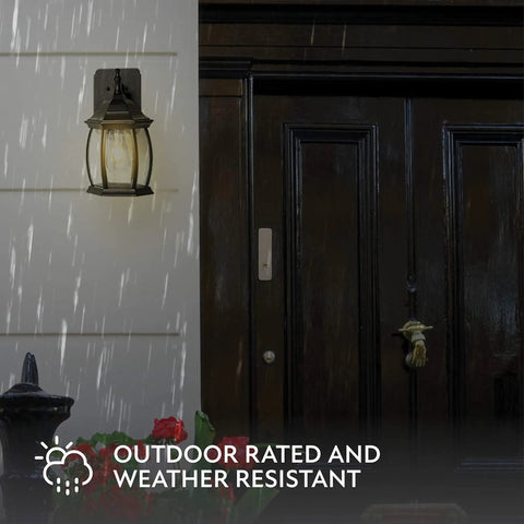 Traditional Outdoor Wall Sconce With Seeded Glass And Two Built In GFCI Outlets for porch or garden in rain, black finish.