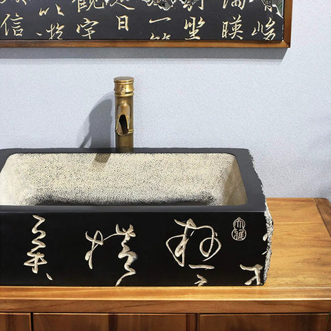 Kickstart Your Top Shelf Bathroom Refresh With This Retro Ceramic Vessel Sink Featuring Imitation Stone Finish And Including Faucet For Single Basin Above Counter Lavatory Vanity Setup on wooden vanity.