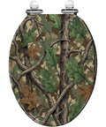 Elongated Resin Toilet Seat for Bathroom with a camouflage design featuring bark and leaves.