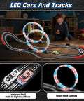 Child playing with Dual Lane Slot Car Race Track Set With Four High-Speed Cars, Electric Track, Circular Overpass Design