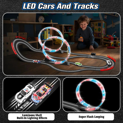 Child playing with Dual Lane Slot Car Race Track Set With Four High-Speed Cars, Electric Track, Circular Overpass Design