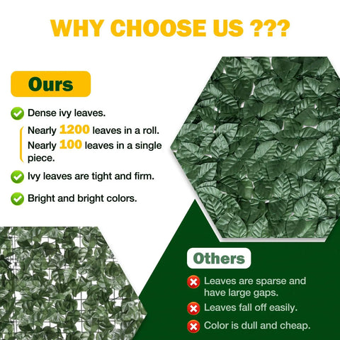 Dense Green Ivy Privacy Fence Screen 120x40 Inch with realistic faux ivy leaves comparison with competitors showing leaf density and color.