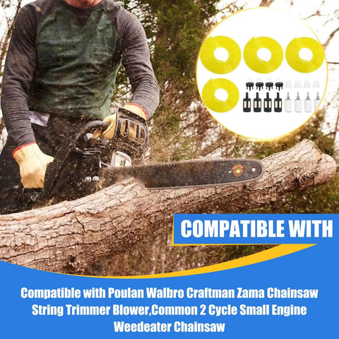 4 Size Fuel Line Repair Kit With 4 Feet Of Durable Lines For Chainsaws And Trimmers shown with chainsaw cutting wood