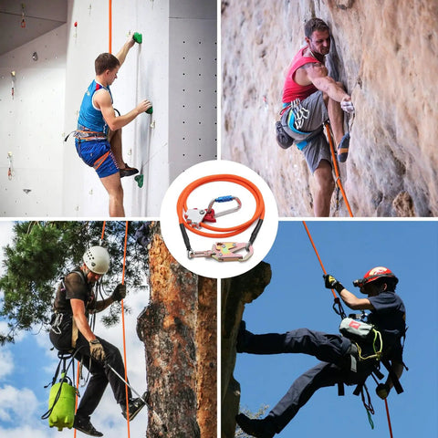 Heavy Duty Tree Climbing Rope With Steel Core Flip Line Half Inch Twelve Feet Triple Lock Carabiner Adjuster in use by climbers
