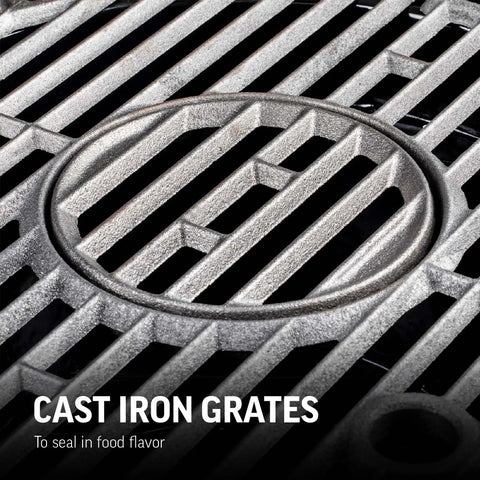 Close-up of cast iron grates on Kamado-Style Portable Charcoal Grill And Smoker With Locking Lid, 155 Cooking Square Inches.