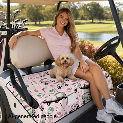Hella Comfy Golf Cart Seat Covers With Deep Storage Pockets For Two Passenger Carts Universal Fit on a golf cart with a dog.