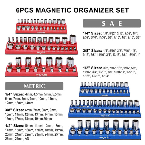 SAE And Metric Magnetic Socket Organizer Set For 1/4 3/8 And 1/2 Inch Drives with red and blue holders.