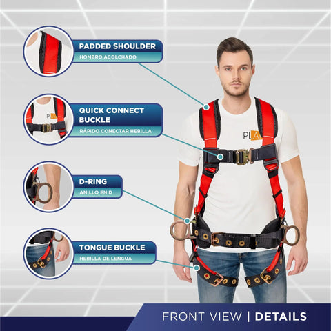 Fall Protection Full Body 5 Point Harness With Padded Back Support Quick Connect Buckle Grommet Leg Straps Back And Side D Rings OSHA ANSI Industrial Roofing PPE For Pros