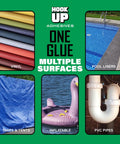 Image showing vinyl swatches, pool liner, tarp, inflatable, and PVC pipes displaying uses for Vinyl Cement 8 Oz Waterproof Pool Liner Repair Glue.
